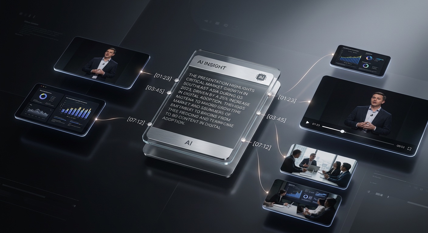 An AI insight panel surrounded by source clips with timestamp brackets — every claim traceable to a moment.
