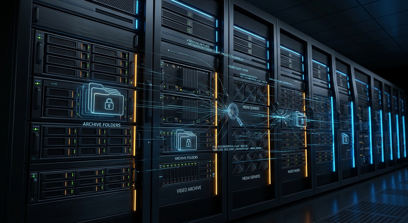 A broadcaster-grade rack with annotations marking archive folders and media servers — searchable in place.