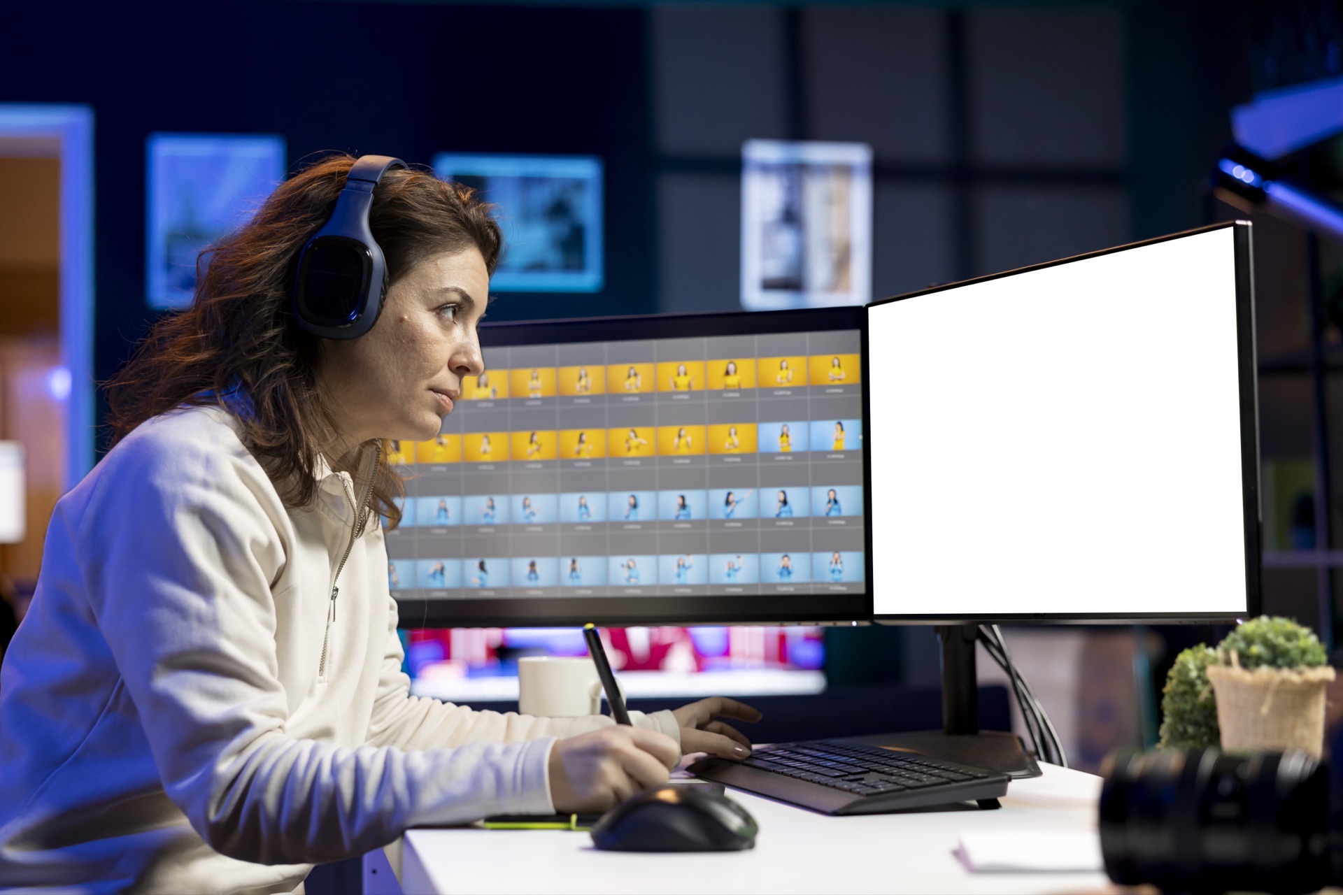An editor at a multi-monitor workstation, scanning thumbnails — the lookup work that precedes the cut.