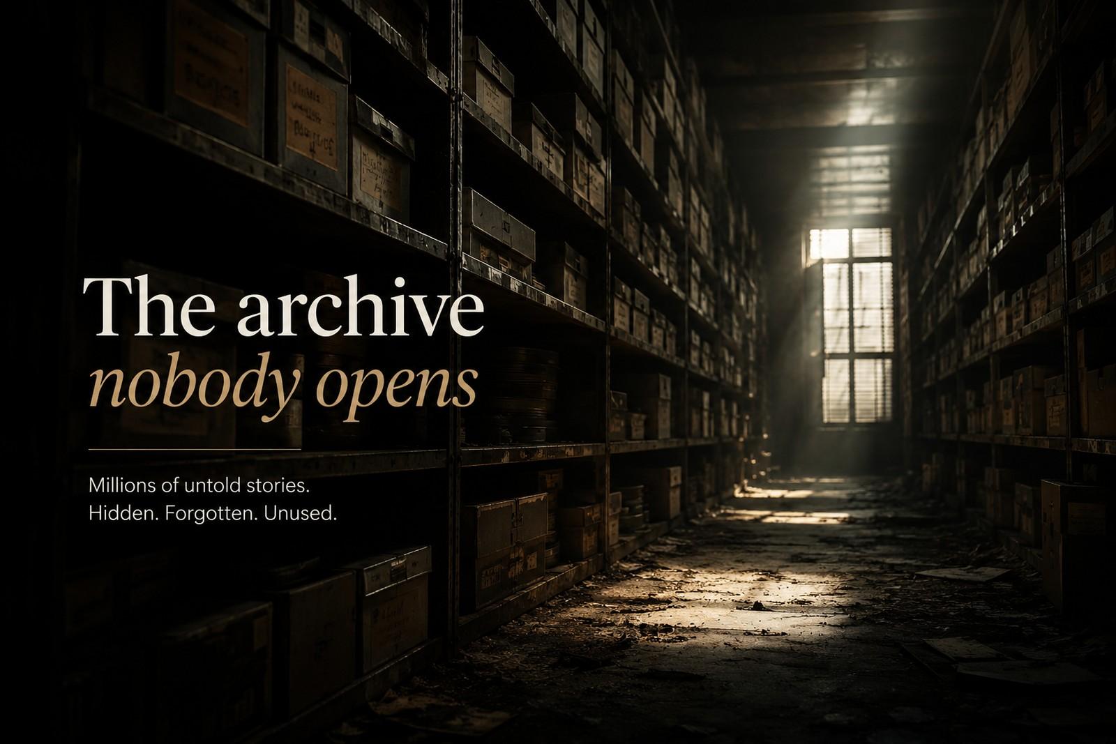 A dim archive corridor — shelves of labelled boxes receding into darkness toward a single lit window at the far end — the editorial image for a tape vault paid for and never reopened.
