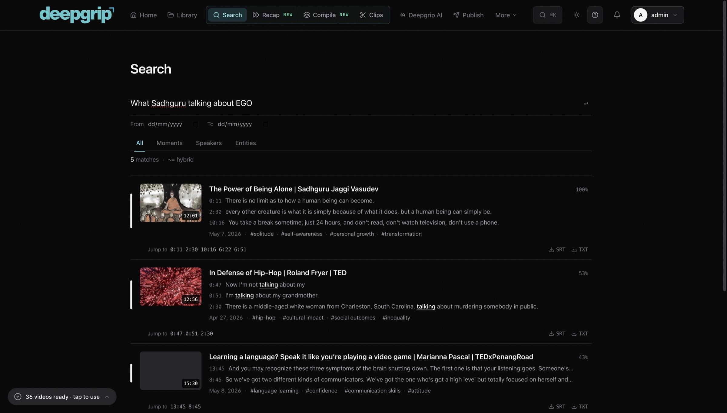 A search results panel resolving a plain-language query into timestamped moments across an archive.