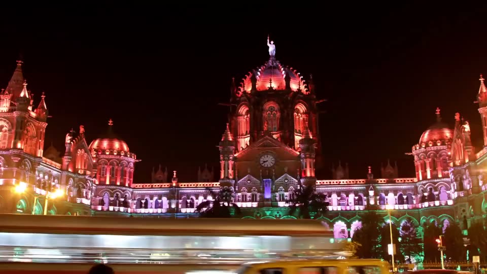 Traffic outside Chhatrapati Shivaji Maharaj Terminus in Mumbai at night