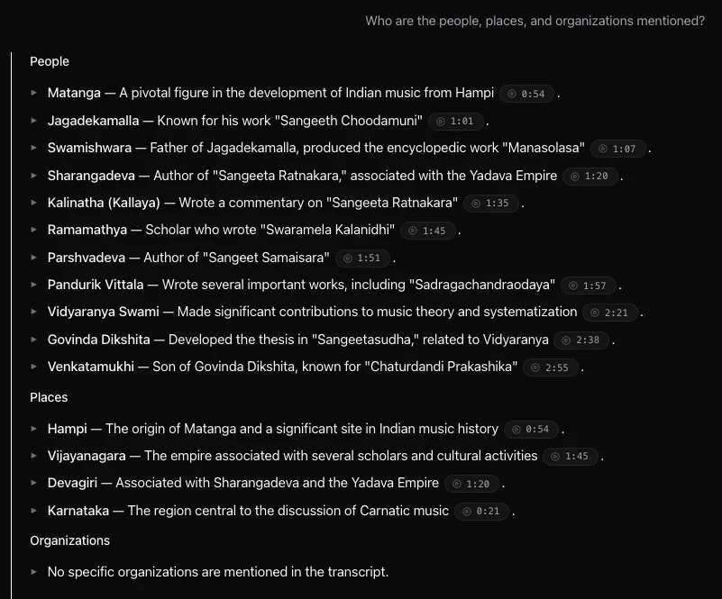 People and places mentioned in a talk on Carnatic music, each with a timestamp