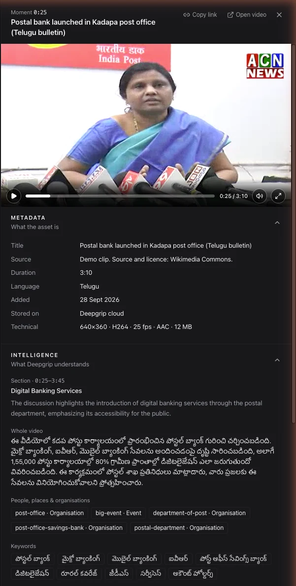 A search moment opened: the clip, its source and metadata, the section summary and extracted entities