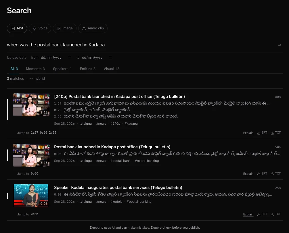Search results for an English question, matched to Telugu transcript lines with timestamps